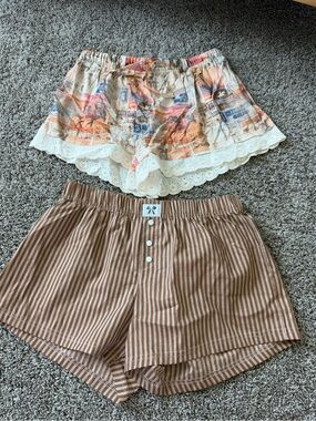 Striped Brown Cotton Lounge Shorts + Printed Lace-Trim Shorts Set